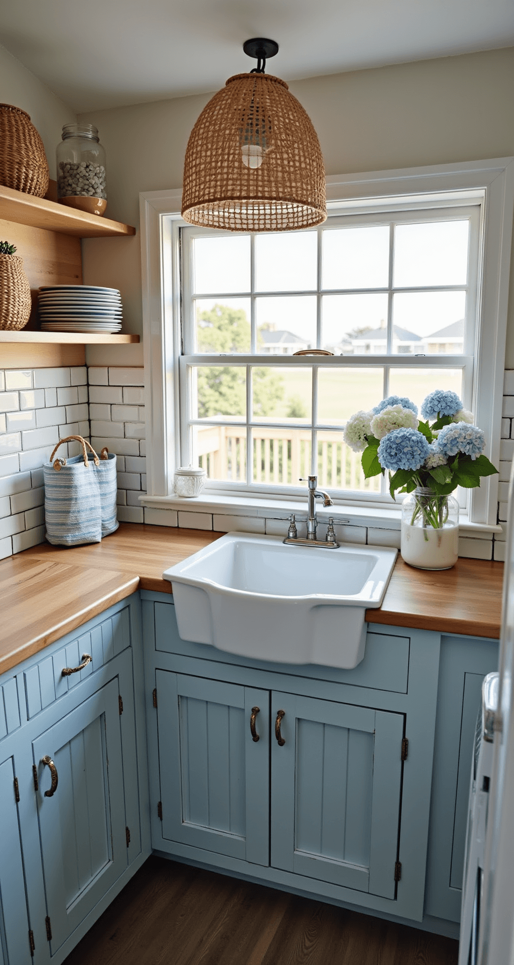 A cozy coastal kitchen nook featuring distressed light blue beadboard cabinets and butcher block counters, with a white subway tile backsplash. Warm patterns from a rattan pendant light illuminate the space, styled with woven baskets, blue-and-white striped textiles, and fresh hydrangeas in mason jars, captured from above at a 45-degree angle during morning blue hour.