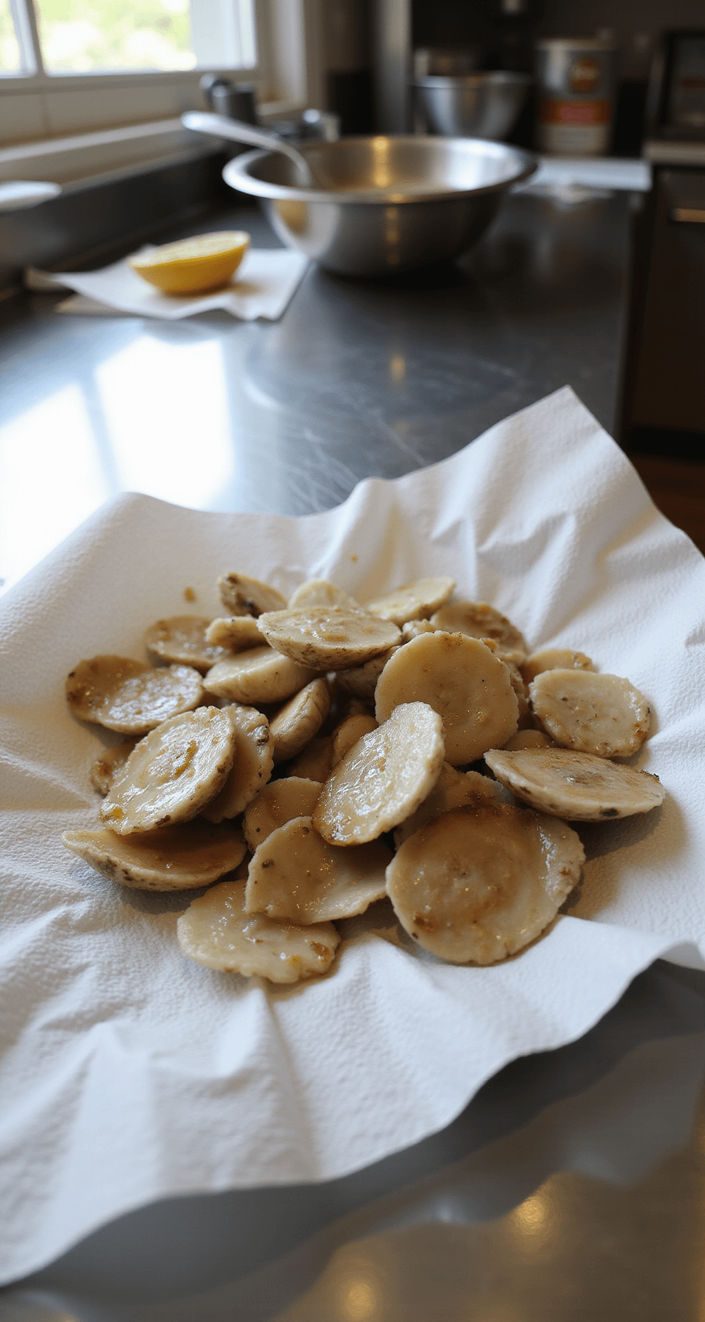Close-up of fresh clam strips being patted dry on white paper towels, illuminated by natural light, with a professional kitchen setting and stainless steel countertop in the background.