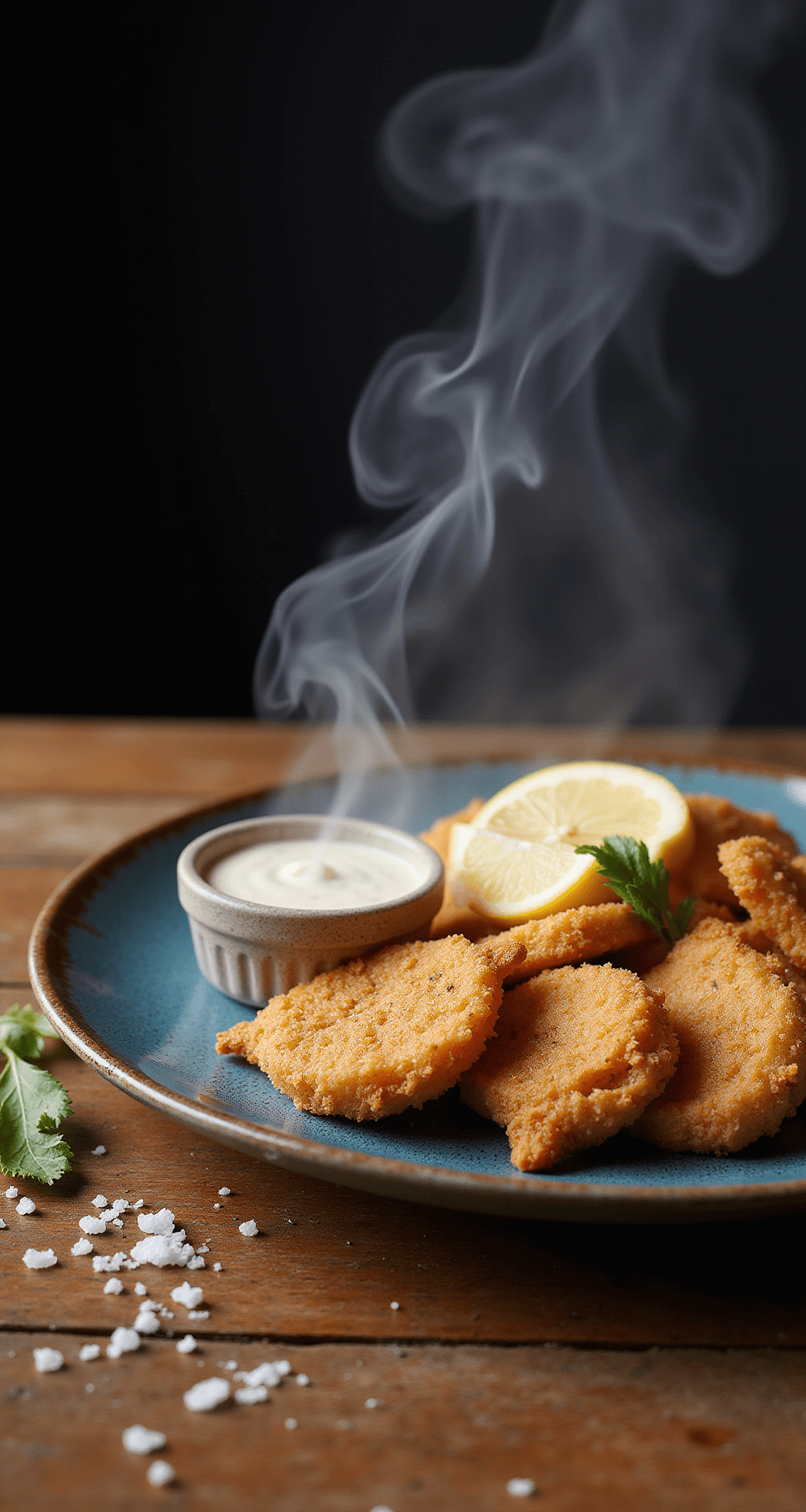 Steam rises from golden-brown fried clam strips on a rustic blue ceramic plate, garnished with fresh lemon wedges and a ramekin of tartar sauce, with dramatic lighting highlighting the crispy texture against a wooden table.