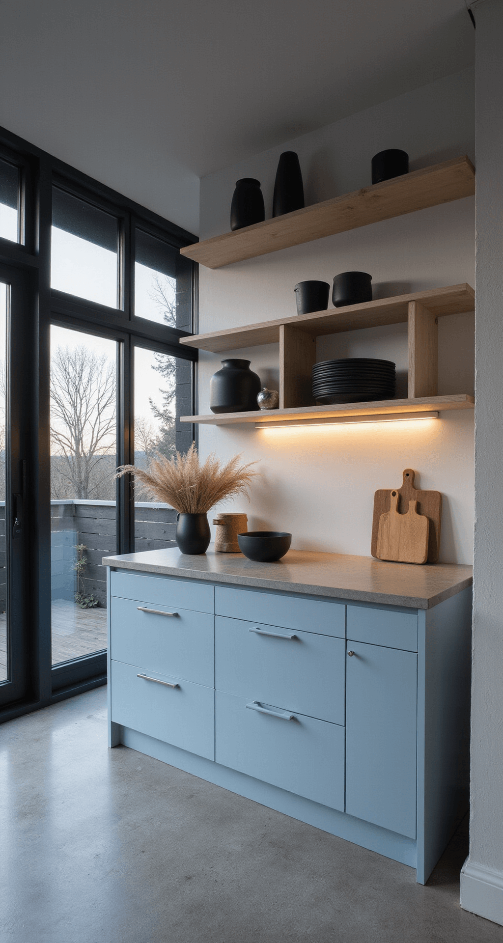Open-concept Scandinavian-inspired kitchen featuring ice blue cabinets, pale ash wood shelving, concrete countertops, and large black-framed windows, captured at dusk with moody natural light and under-cabinet lighting; styled with black matte ceramics and dried pampas grass.