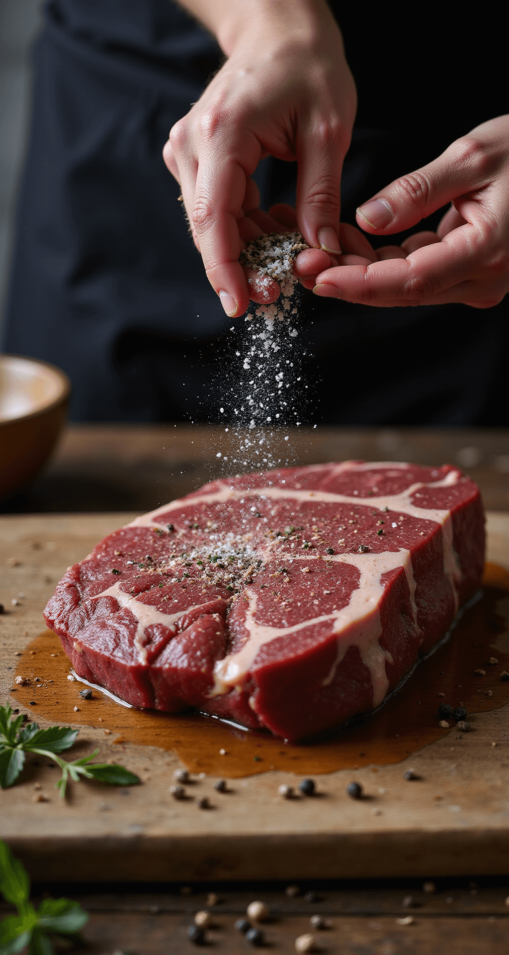 Close-up of a marbled top round beef roast being seasoned with kosher salt and olive oil on a weathered wooden cutting board, accented by fresh herbs and peppercorns, with dramatic side lighting showcasing the meat's texture.