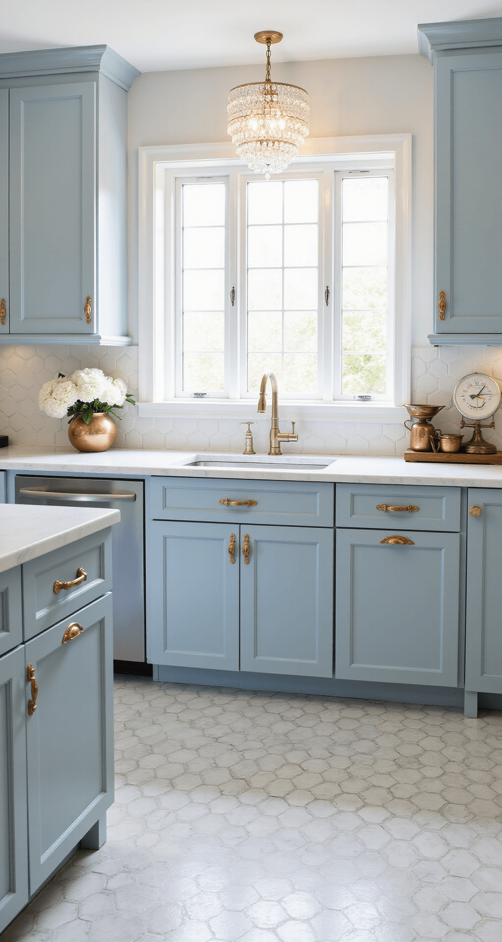 A bright 12x14ft kitchen featuring pale blue raised-panel cabinets with antique gold hardware, white marble hexagon tile floor, and a crystal chandelier above the island, styled with copper cookware and fresh white peonies, captured in warm afternoon light.