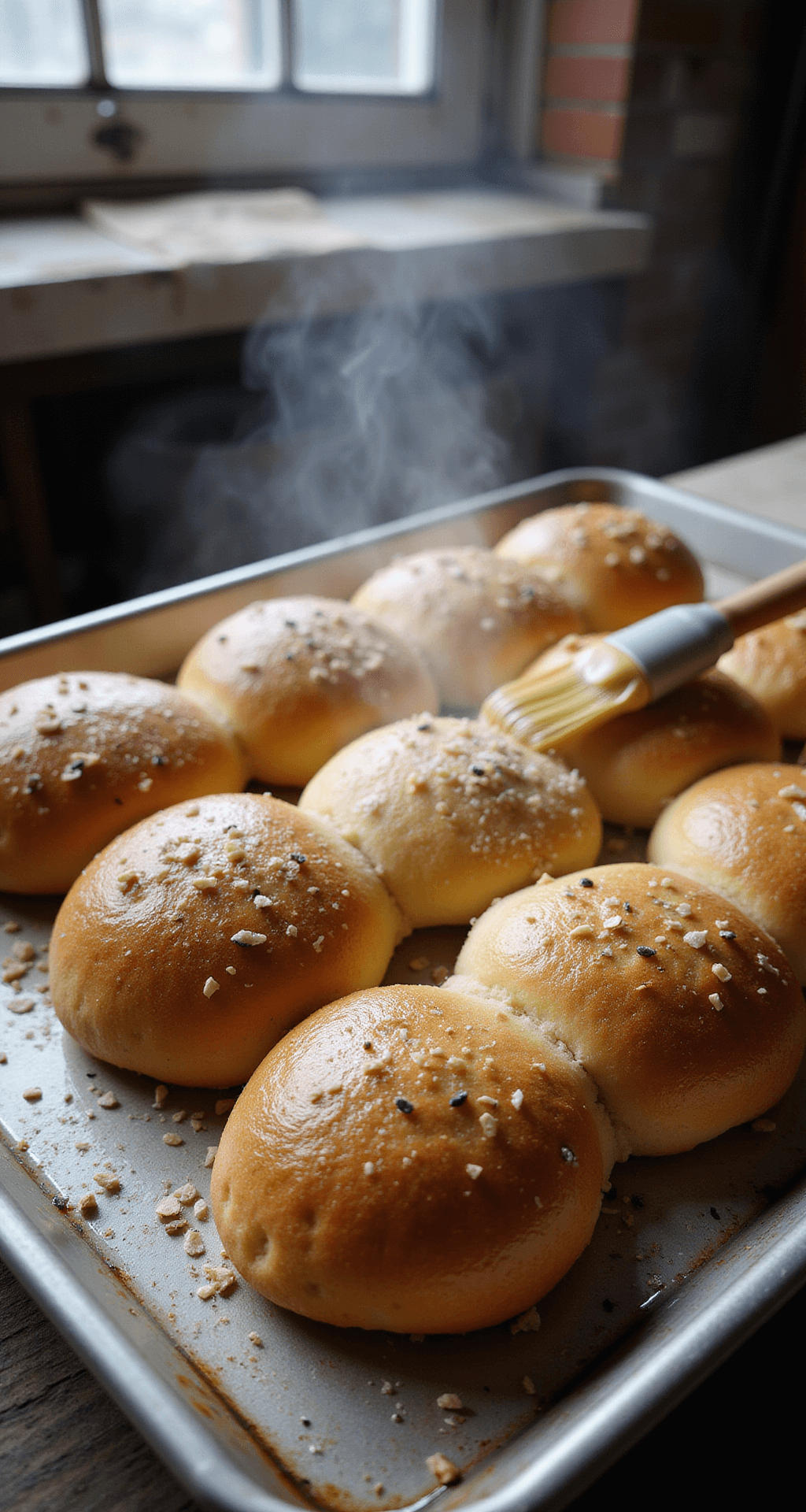 Overhead shot of traditional kummelweck rolls on a rustic baking sheet, undergoing an egg wash with dramatic natural light highlighting salt and caraway seeds, steam visible, in an artisanal bakery setting.