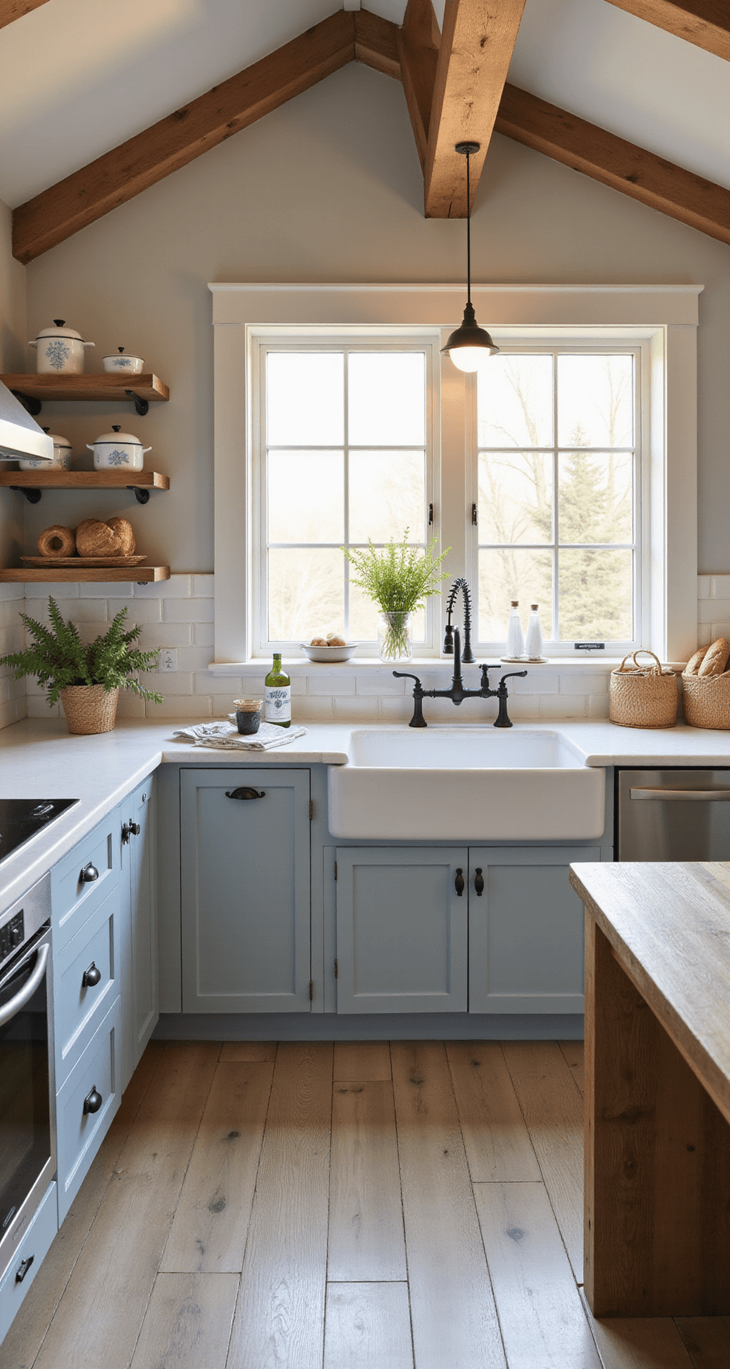 A contemporary farmhouse kitchen featuring light blue-gray cabinets with black iron hardware, wide-plank white oak floors, and exposed wooden beams, beautifully illuminated by golden sunrise light streaming through the windows. A double farmhouse sink is positioned beneath a window, with vintage enamelware, potted herbs, and woven bread baskets adding charming decor.