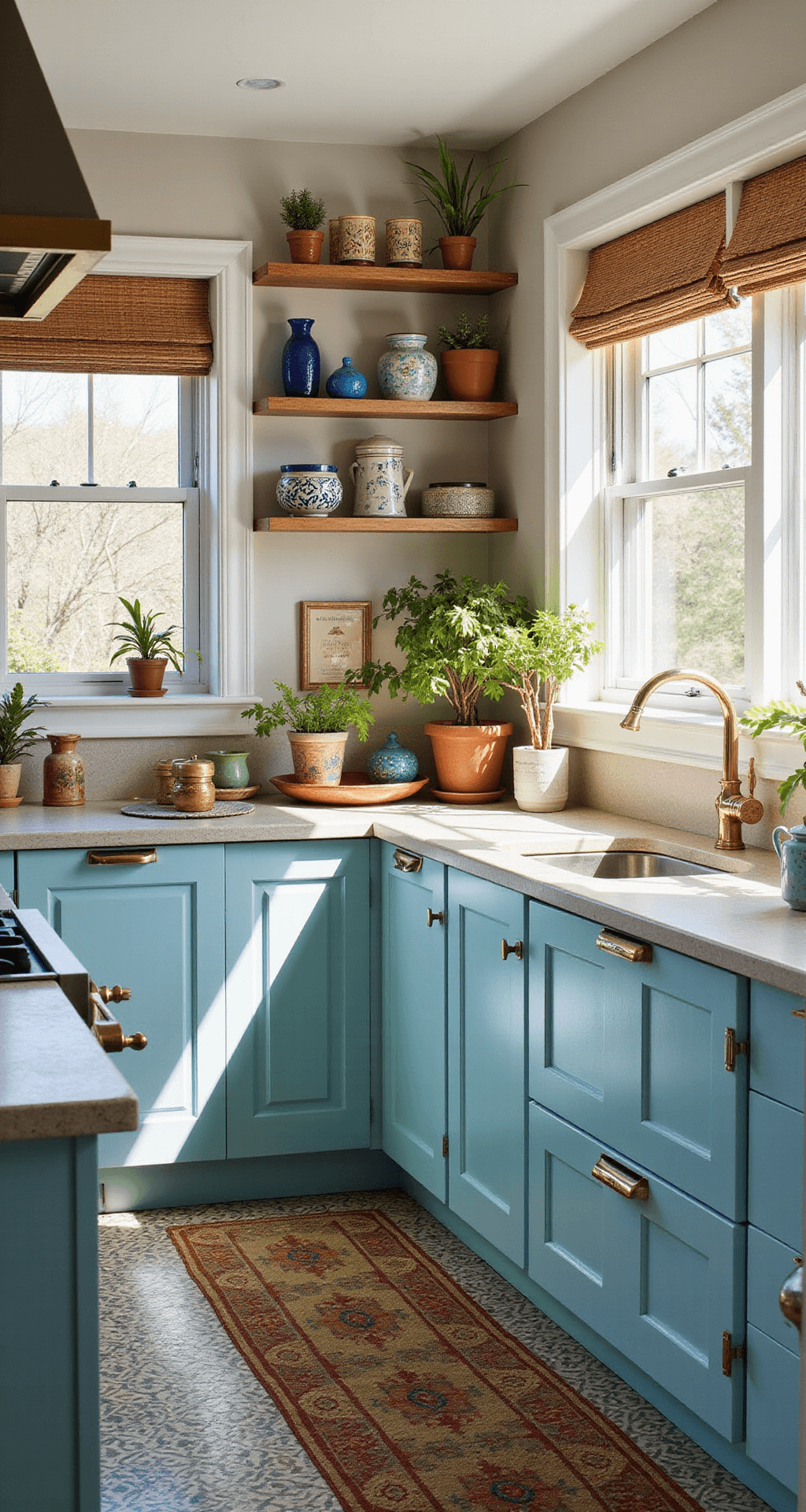 An eclectic bohemian kitchen featuring powder blue cabinets with mixed metallic handles, a patterned cement tile floor, and natural bamboo Roman shades, all illuminated by warm afternoon light from west-facing windows. The space is adorned with hanging plants, a colorful ceramic collection, vintage tea tins, and Moroccan tea glasses.