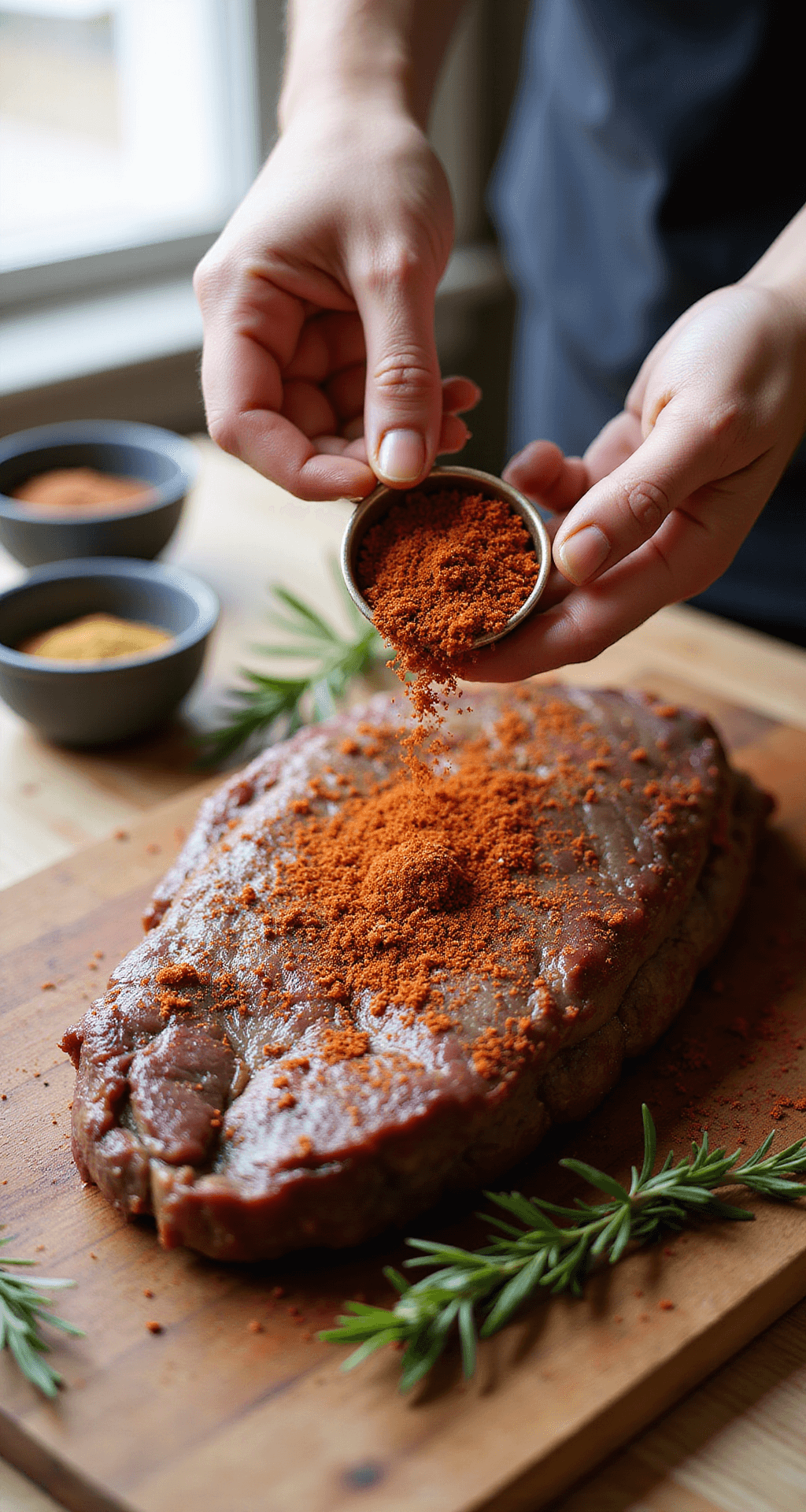 Close-up of hands massaging a reddish-brown spice rub into a marbled tri-tip roast on a rustic wooden cutting board, with natural light enhancing the textures, and fresh rosemary and spice bowls in the background.
