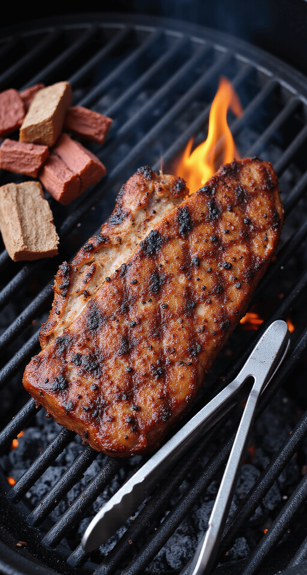 Dramatic overhead view of a searing tri-tip roast on a charcoal grill, surrounded by flames and wisps of oak wood smoke, with grill grates and tongs in the scene.