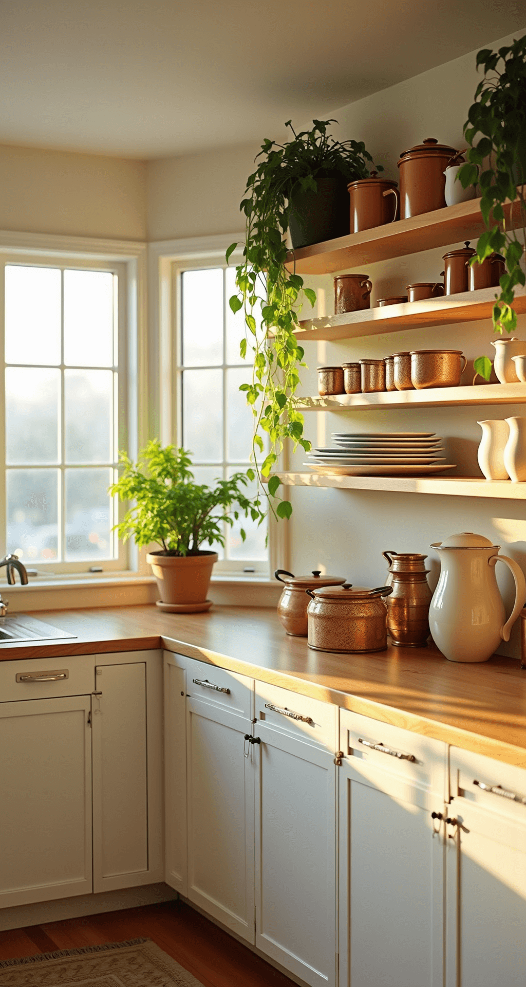 A bright kitchen at golden hour, featuring white shaker cabinets, vintage copper cookware, cream ceramic pitchers, and trailing pothos plants, captured from a low angle with warm sunlight streaming through west-facing windows.
