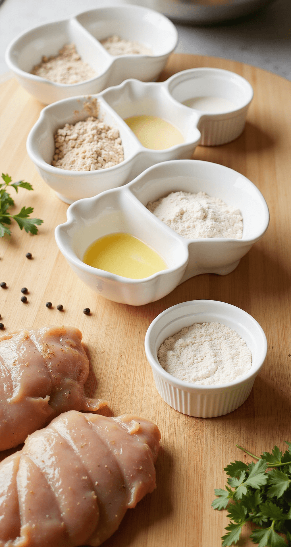 A professional kitchen prep station with three white ceramic bowls of seasoned flour, buttermilk-egg mixture, and flour, alongside a raw butterflied chicken breast on a wooden cutting board, garnished with fresh herbs and black peppercorns, illuminated by warm natural light.