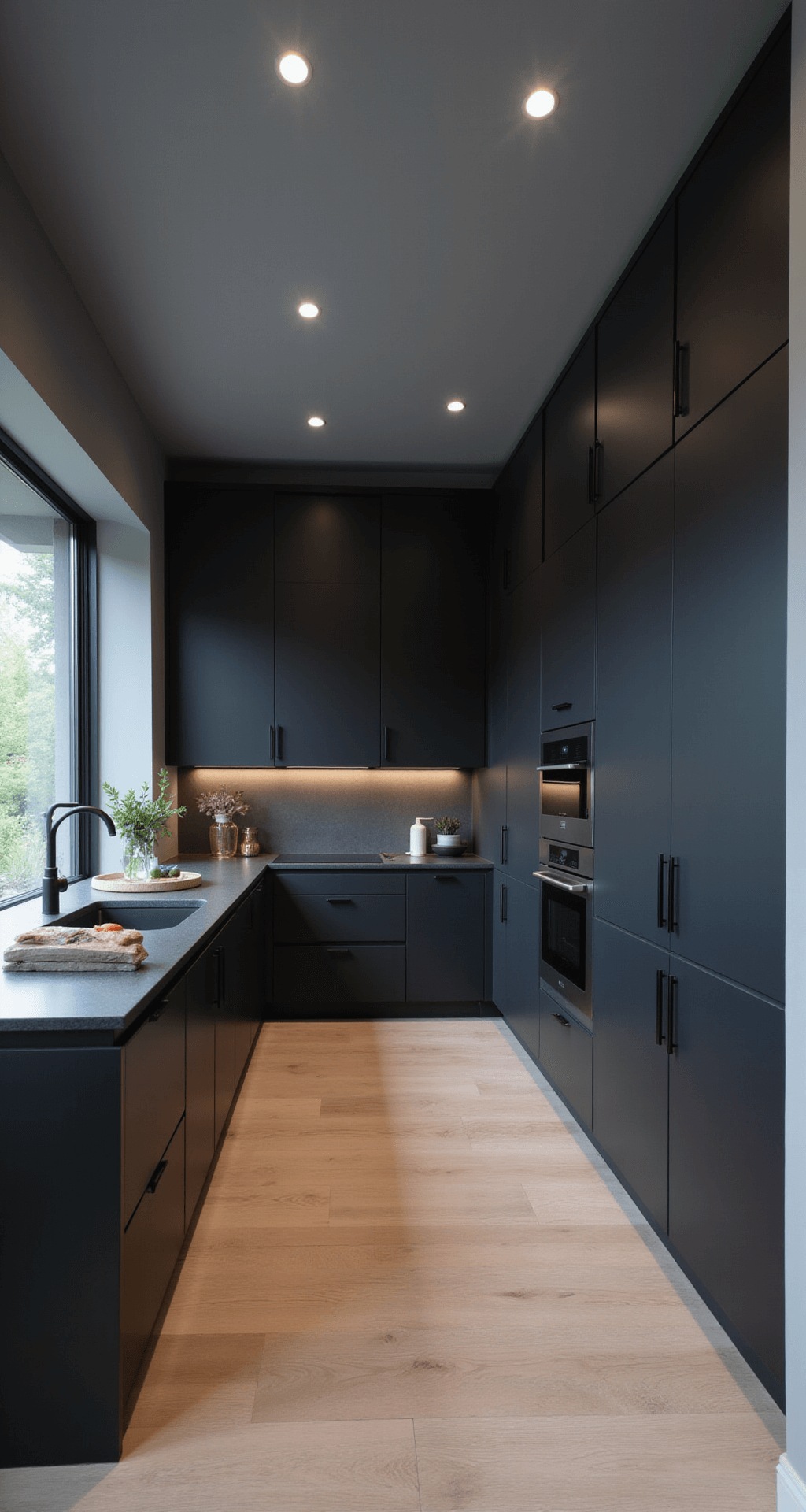Modern minimalist kitchen featuring floor-to-ceiling matte black cabinets, a custom soffit, and recessed lighting, all against cool gray walls, captured with an emphasis on clean lines and architectural detail.