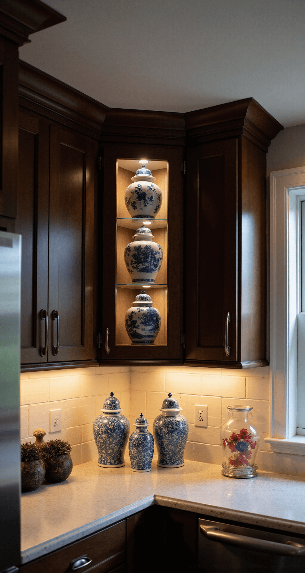 A corner kitchen vignette featuring dark walnut cabinets, illuminated chinoiserie vases with strategic above-cabinet lighting, captured at a 45-degree angle in soft afternoon light.
