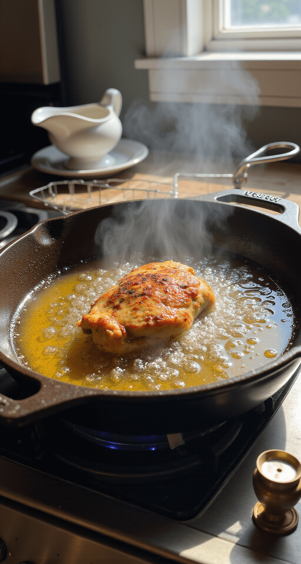 A cast-iron skillet with bubbling oil and frying chicken, illuminated by warm light from a kitchen window, with a vintage meat thermometer and cooling rack nearby, and a ceramic gravy boat in soft focus.