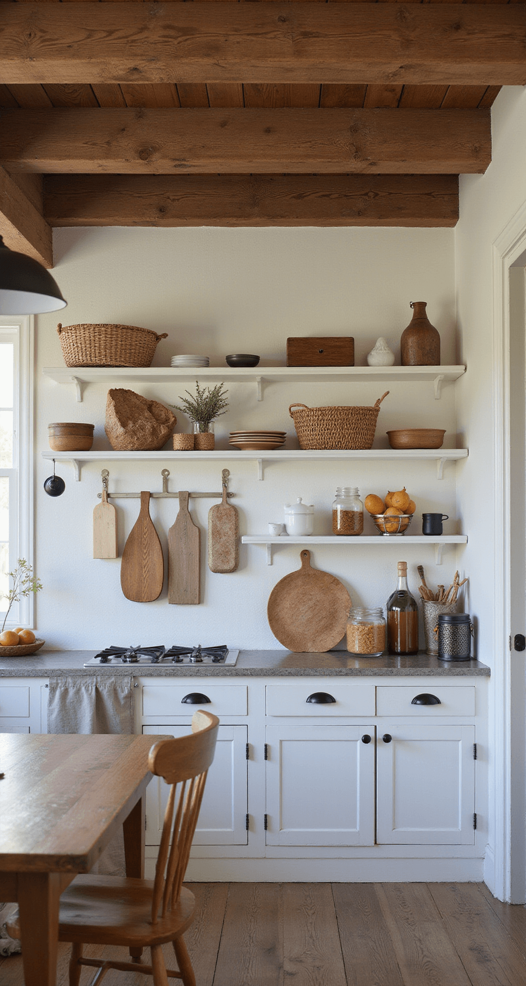 Farmhouse kitchen during blue hour, featuring white cabinets with vintage decor, natural and warm lighting, and rustic wooden beams.