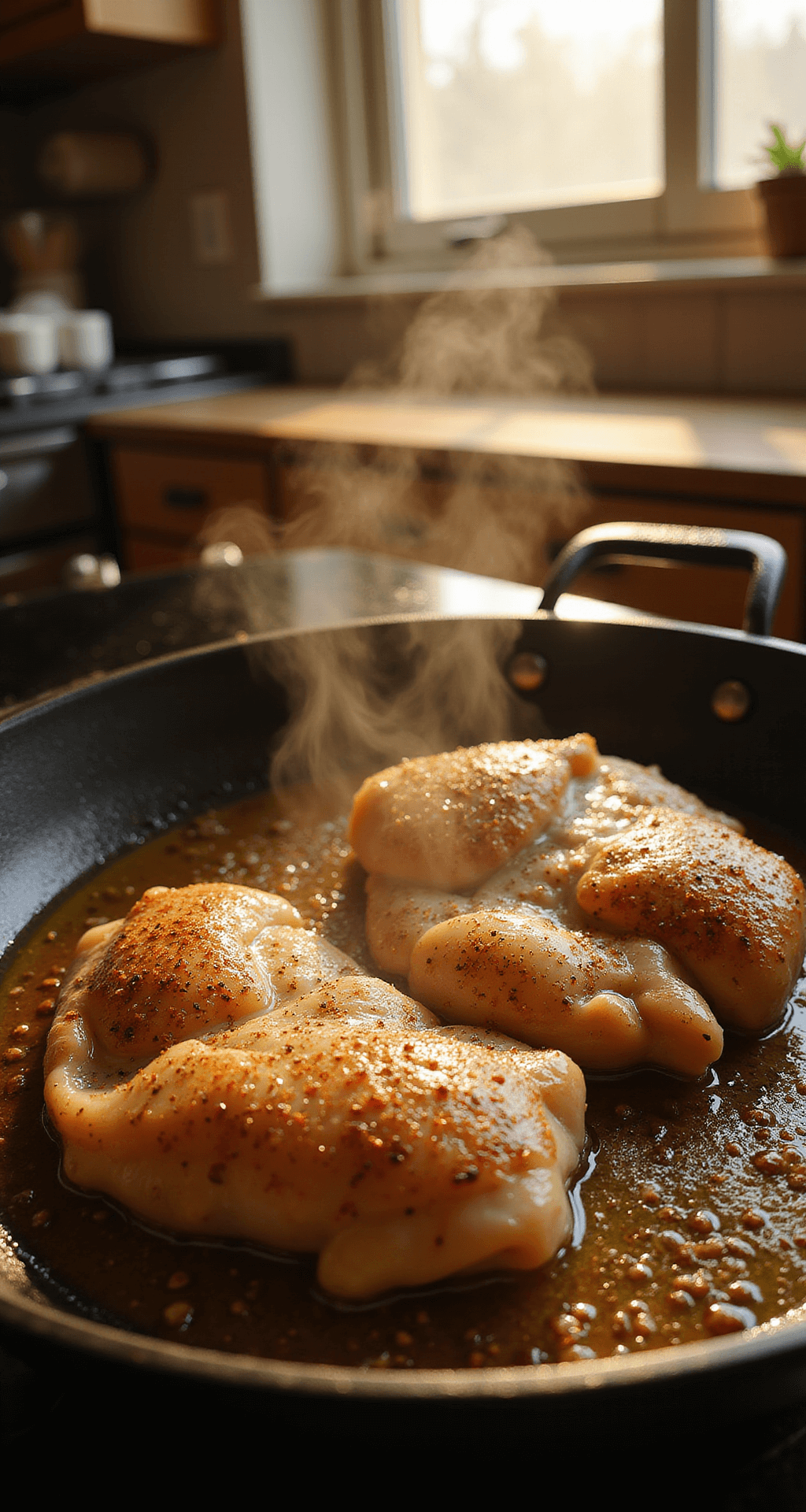 Raw chicken breasts searing in a rustic cast-iron skillet with golden oil, visible seasoning, and rising steam, illuminated by warm golden hour lighting in a cozy kitchen.