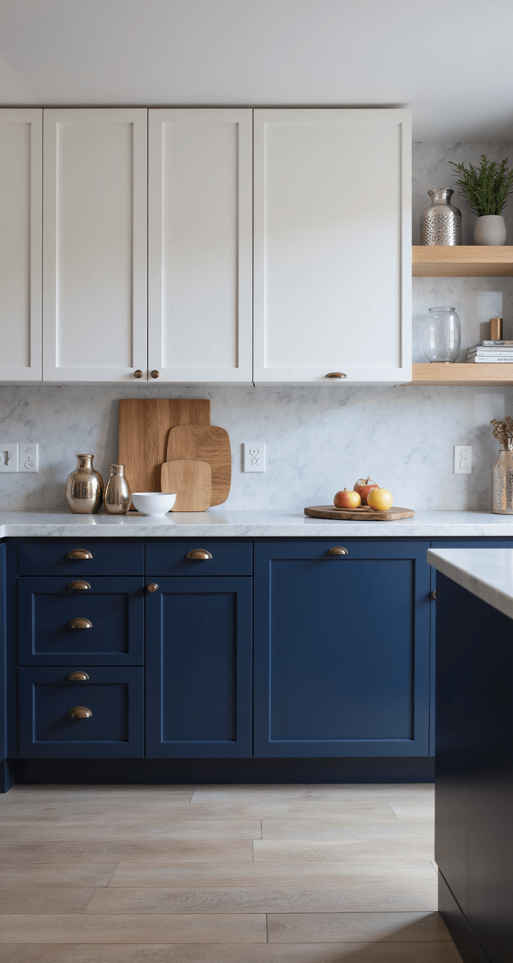 Contemporary kitchen featuring navy lower cabinets and white upper cabinets, with a marble backsplash and metallic glass objects illuminated by spot lighting, captured from an elevated angle.