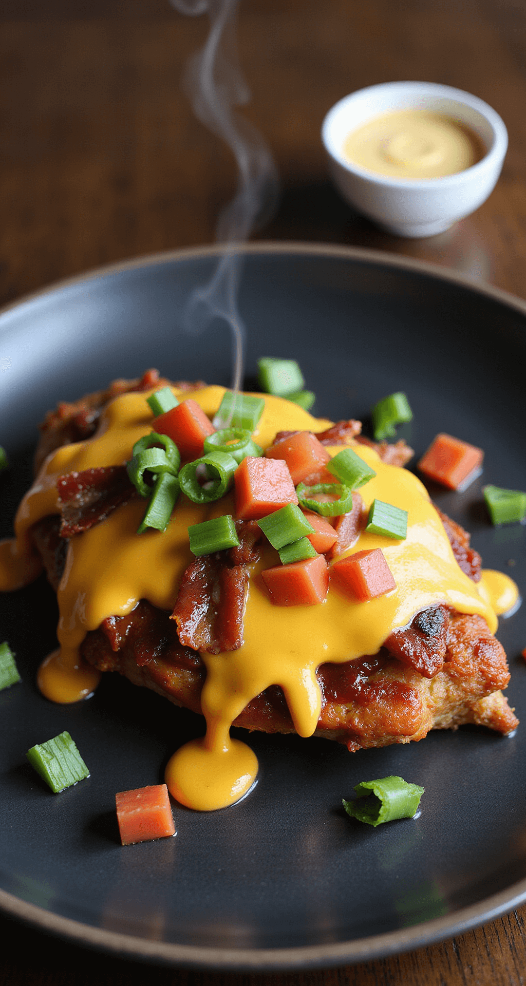 Overhead shot of Monterey Chicken on a matte black plate, featuring melted cheese, crispy bacon, green onions, and diced tomatoes, with glossy BBQ sauce and steam wisps.