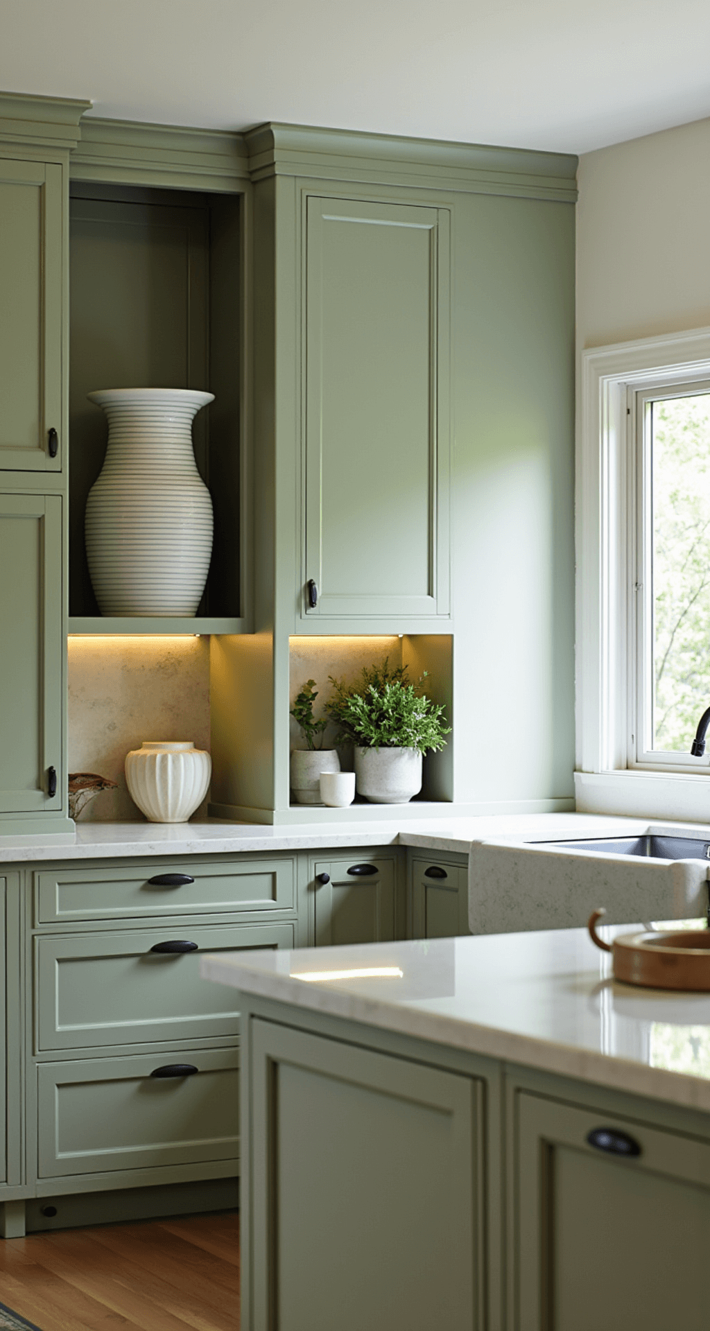 Transitional kitchen featuring sage green cabinets, vintage and modern decor, oversized ceramic vessels, and under-cabinet lighting, captured in natural light at counter height.