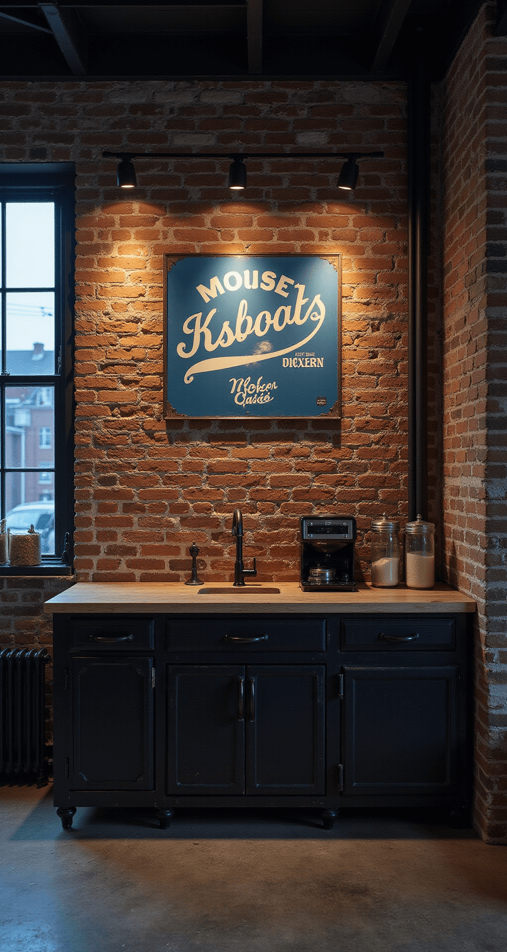 Industrial-style kitchen featuring black metal cabinets and an exposed brick wall, captured during blue hour with dramatic uplighting.