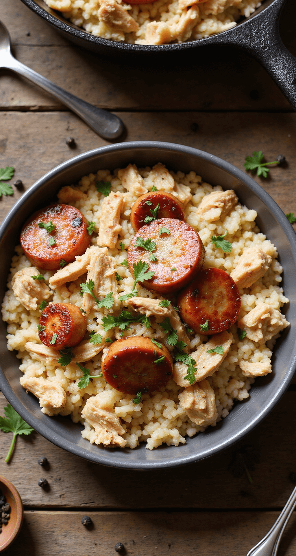 An overhead shot of a steaming bowl of Chicken Bog with tender shredded chicken, smoky sausage, and perfectly cooked rice, garnished with parsley, surrounded by a cast iron skillet, black peppercorns, and a vintage serving spoon on a distressed wooden table.