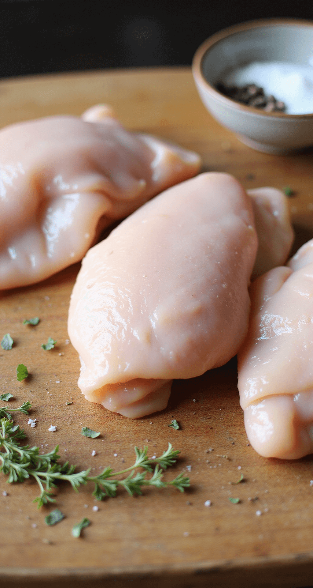 Close-up of raw chicken breasts on a wooden cutting board, with fresh thyme and a bowl of sea salt and cracked black pepper, illuminated by soft natural light.