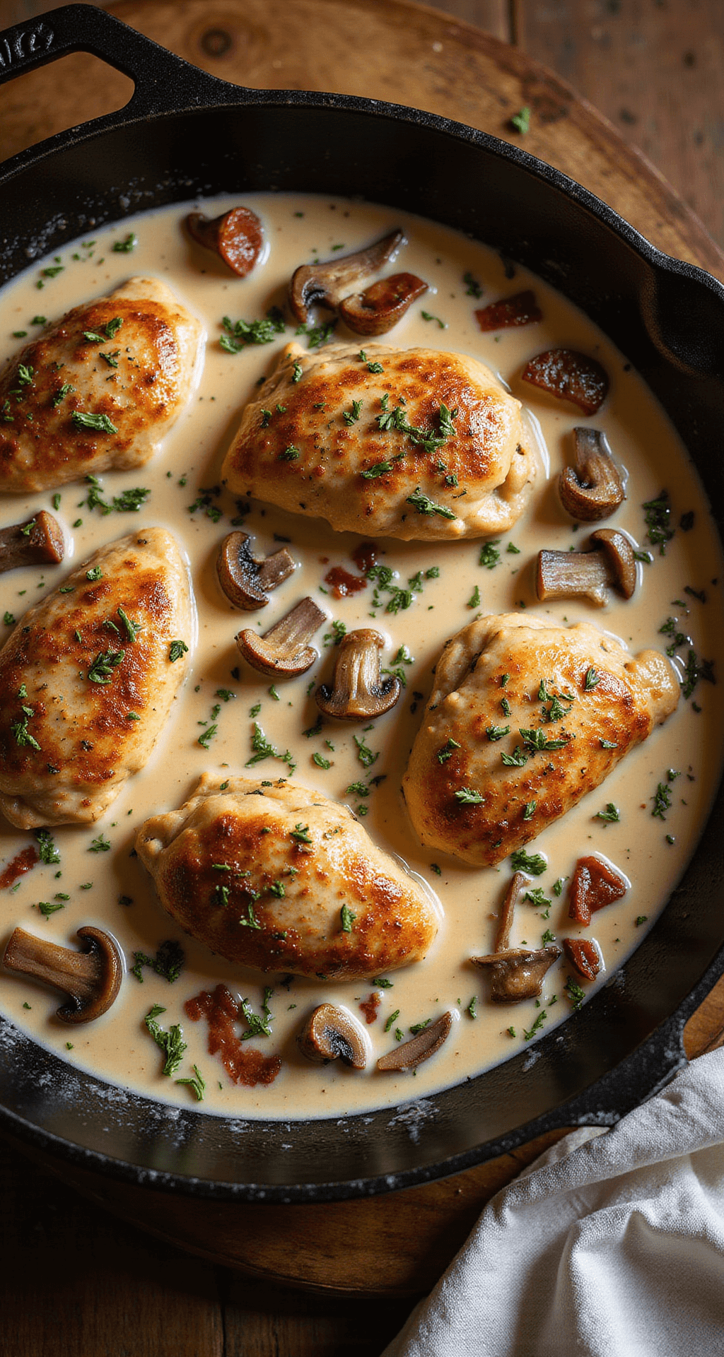 Overhead shot of a cast-iron skillet with golden-brown chicken breasts in creamy sauce, garnished with caramelized mushrooms, crispy pancetta, and fresh thyme, with steam rising in warm kitchen lighting.