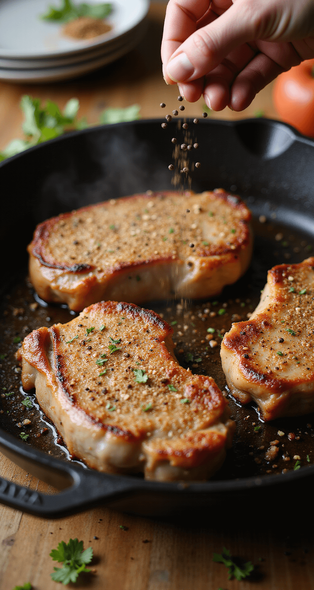 Close-up of seasoned bone-in pork chops searing in a cast iron skillet, with a golden-brown crust and steam rising, surrounded by herbs and seasonings, as a chef sprinkles fresh black pepper.