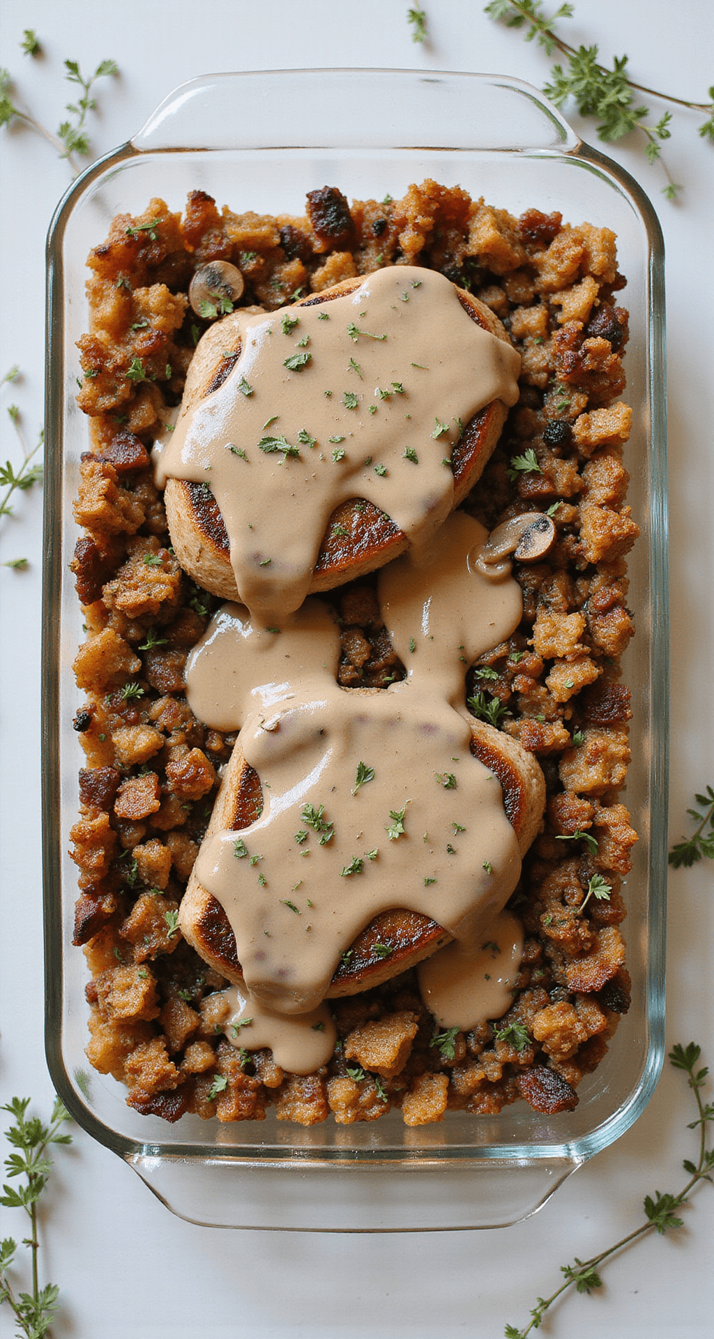 Overhead view of a 9x13 glass baking dish with layered stuffing, seared pork chops, and creamy mushroom sauce, enhanced by soft natural lighting and garnished with fresh herbs.