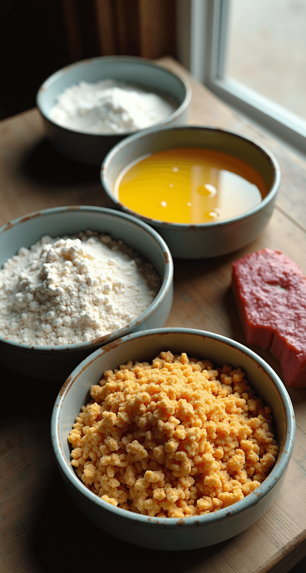 Close-up of three rustic ceramic bowls with seasoned flour, glossy whisked eggs, and crushed saltine crackers on a weathered wooden countertop, with a seasoned cube steak nearby, all illuminated by soft natural light.