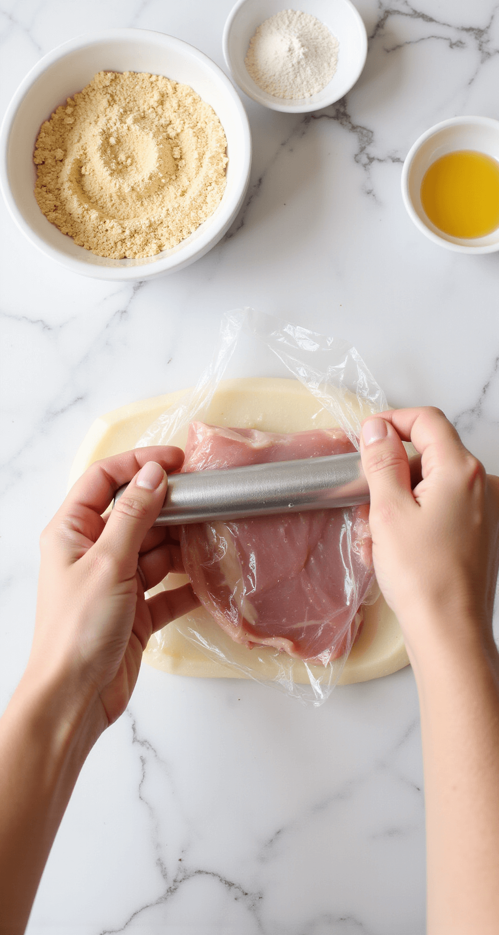 Close-up of hands using a silver meat mallet to pound a pink pork tenderloin between plastic wrap on a marble countertop, with three organized breading stations of flour, whisked eggs, and crushed saltine crackers in the background.