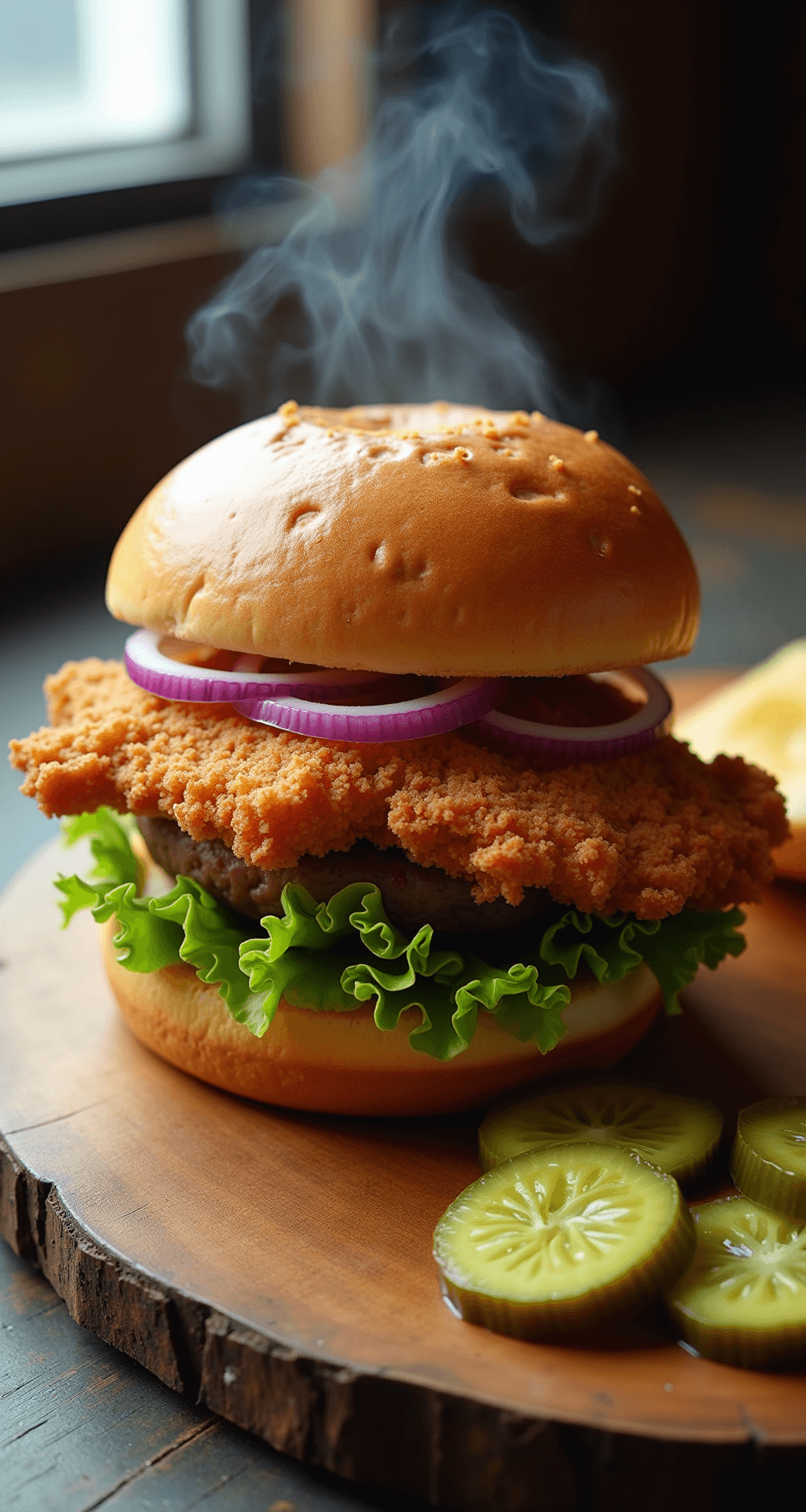 An overhead view of an extra-large crispy pork tenderloin sandwich on a toasted brioche bun, surrounded by lettuce, red onions, and dill pickles, with natural light highlighting the textured breading and steam rising from the meat.