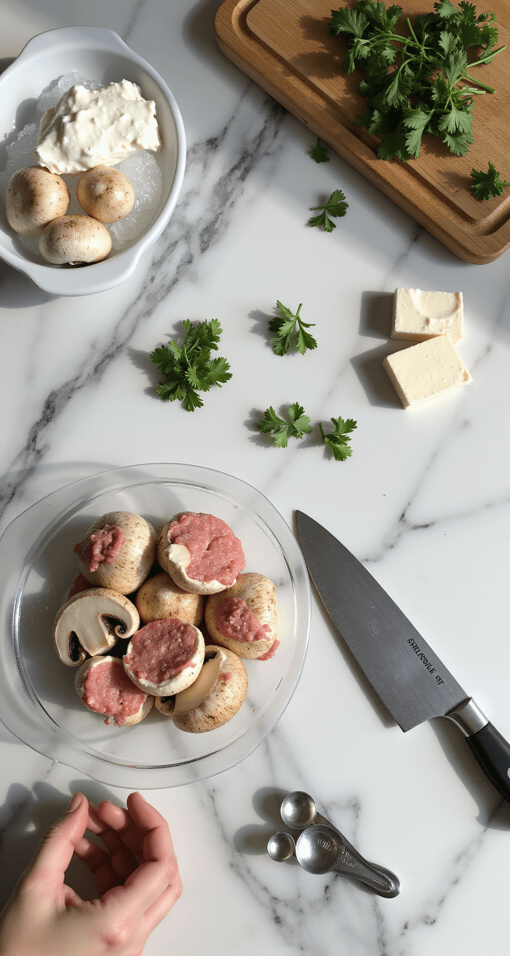 Overhead view of a pristine kitchen countertop featuring organized mise en place with fresh whole mushrooms, lump crab meat on ice, a block of cream cheese, scattered fresh parsley leaves, and measuring tools, illuminated by natural sunlight with soft shadows on the marble surface; a professional chef's knife lies beside a wooden cutting board.