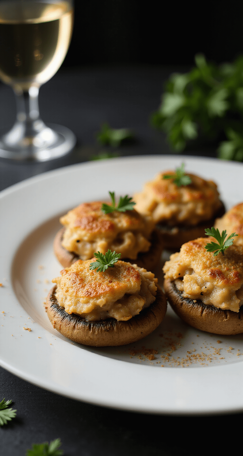 Close-up of golden-brown stuffed mushrooms on a white ceramic platter, garnished with parsley, with steam rising and dramatic side lighting highlighting the parmesan crust; a blurred crystal wine glass with white wine in the background.