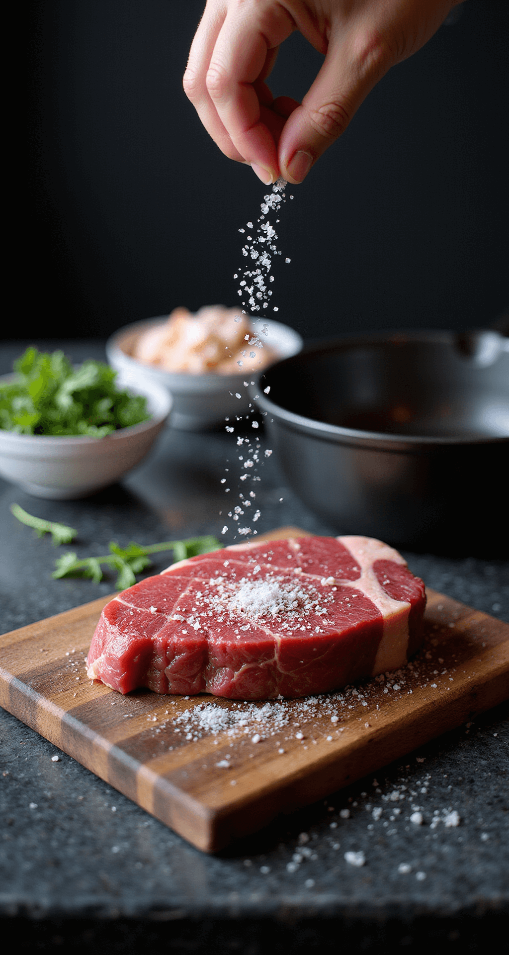 Close-up of a marbled filet mignon being seasoned with sea salt on a granite countertop, natural light highlighting fresh tarragon and crab meat in the background, with a polished cast iron skillet out of focus.