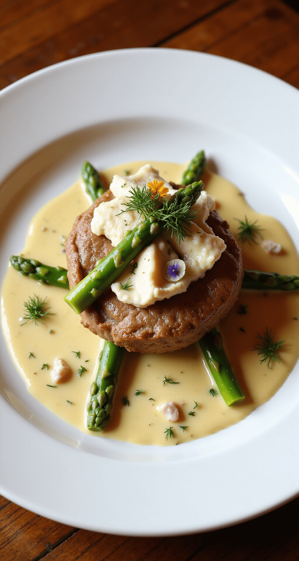 Overhead view of a beautifully plated Steak Oscar featuring a golden-crusted filet mignon topped with lump crab meat, fan-shaped asparagus, and béarnaise sauce, garnished with micro herbs and edible flowers on a white plate.