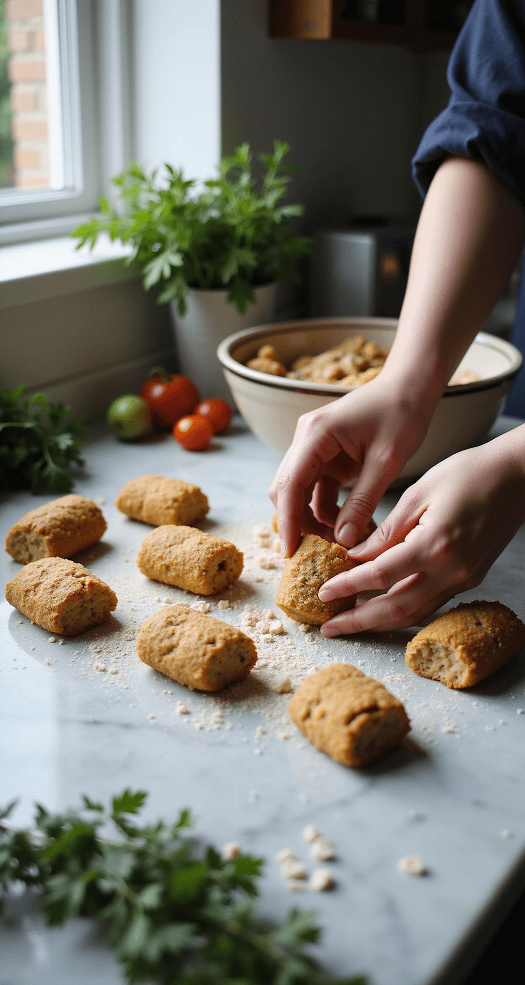 Close-up of hands shaping golden-brown turkey mixture into cylindrical croquettes on a marble countertop, with breadcrumbs, flour, fresh herbs, and diced vegetables in the scene, illuminated by soft natural light.