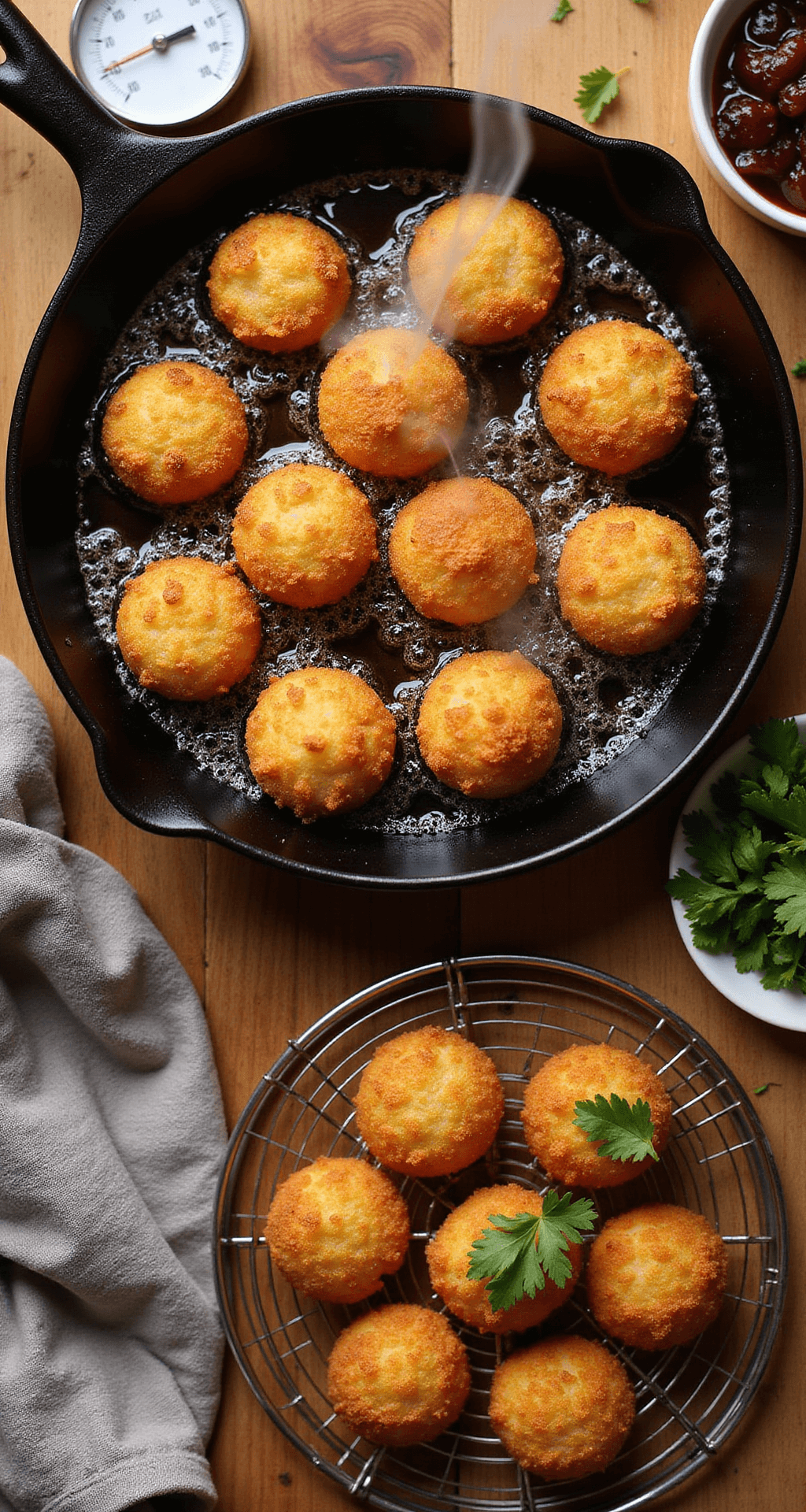 Dynamic overhead shot of sizzling golden-brown croquettes frying in a cast-iron skillet, surrounded by oil bubbles and rising steam, with a thermometer and a wire rack of finished, garnished croquettes with cranberry sauce nearby.