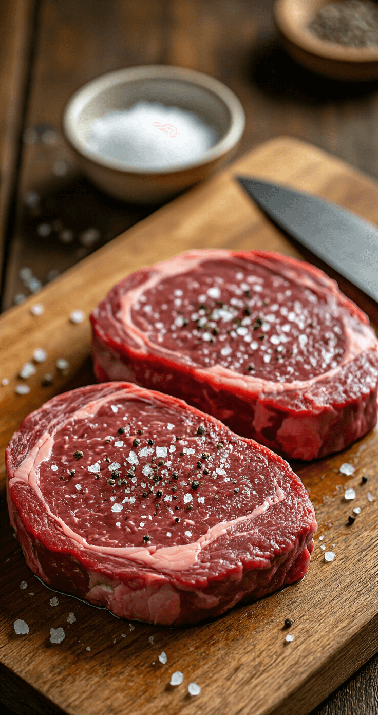 Close-up of two marbled Denver steaks on a wooden cutting board, seasoned with kosher salt and cracked black pepper, with warm lighting enhancing the meat texture, alongside a chef's knife and a bowl of seasoning.