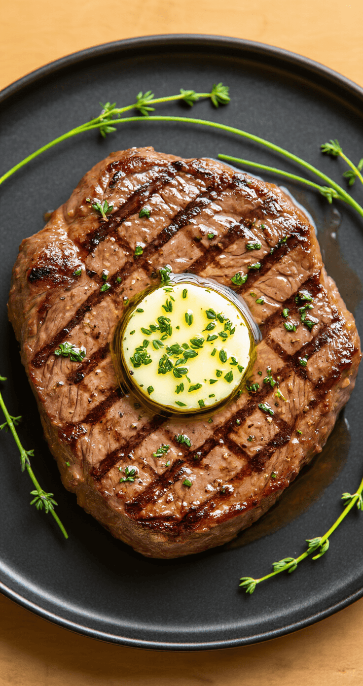 Overhead view of a perfectly seared Denver steak with cross-hatch grill marks, topped with melting herb-flecked butter on a matte black plate, garnished with thyme and chives, illuminated by golden evening light with steam rising from the medium-rare meat.