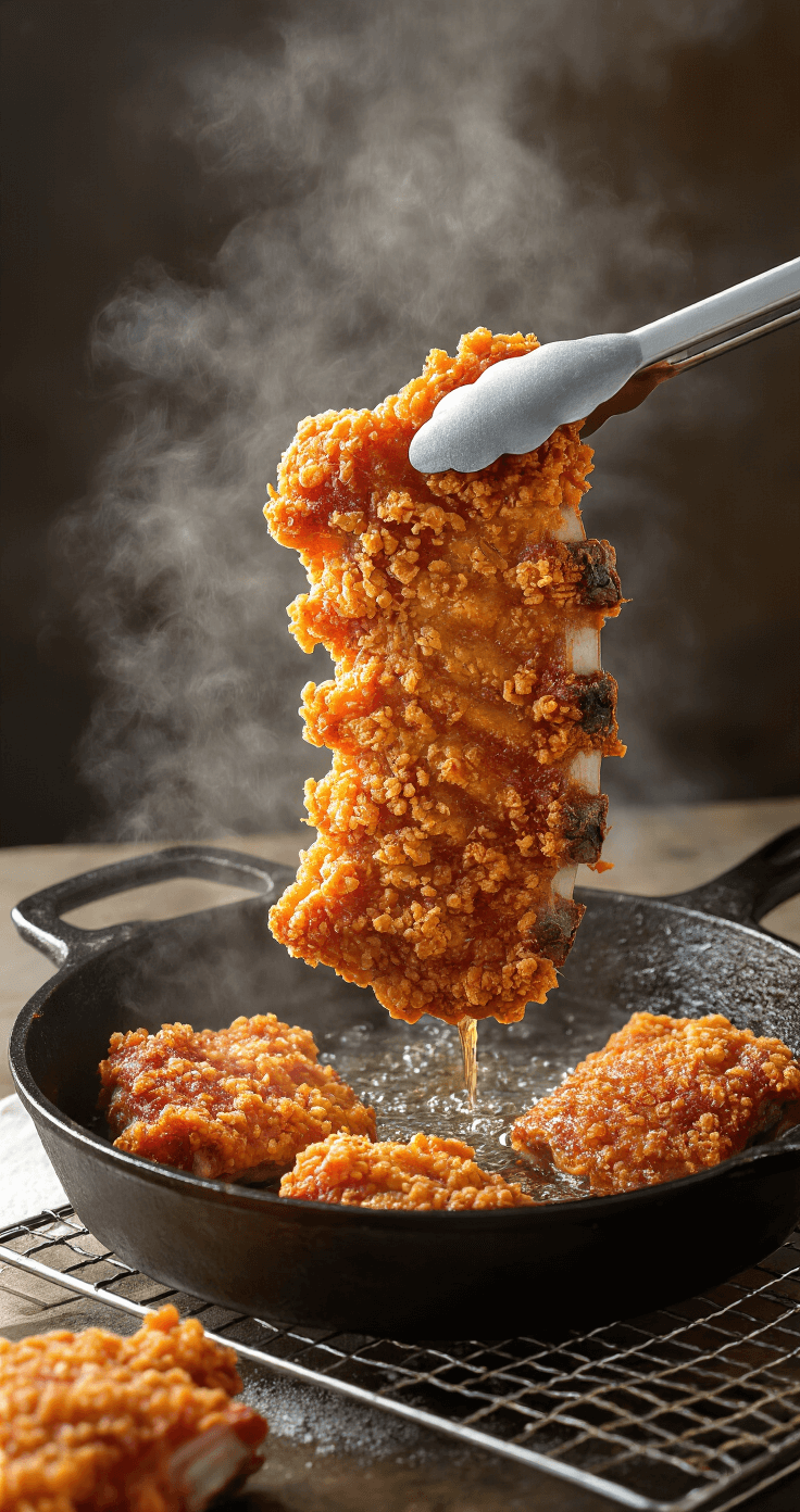 Dramatic shot of golden-brown chicken-fried ribs being lifted from sizzling oil, showcasing intricate crispy texture, with steam rising in a backlit scene; a wire rack with finished pieces nearby highlights the contrast of crunchy exterior and tender meat.