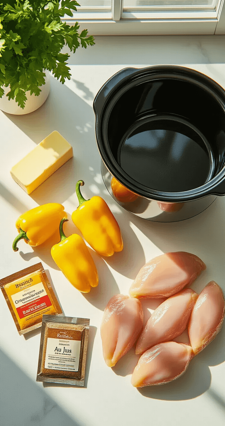 Overhead view of a pristine kitchen counter featuring vibrant yellow pepperoncini peppers, fresh chicken breasts, a stick of butter, ranch and au jus seasoning packets, and a gleaming black slow cooker, all highlighted by soft natural light.