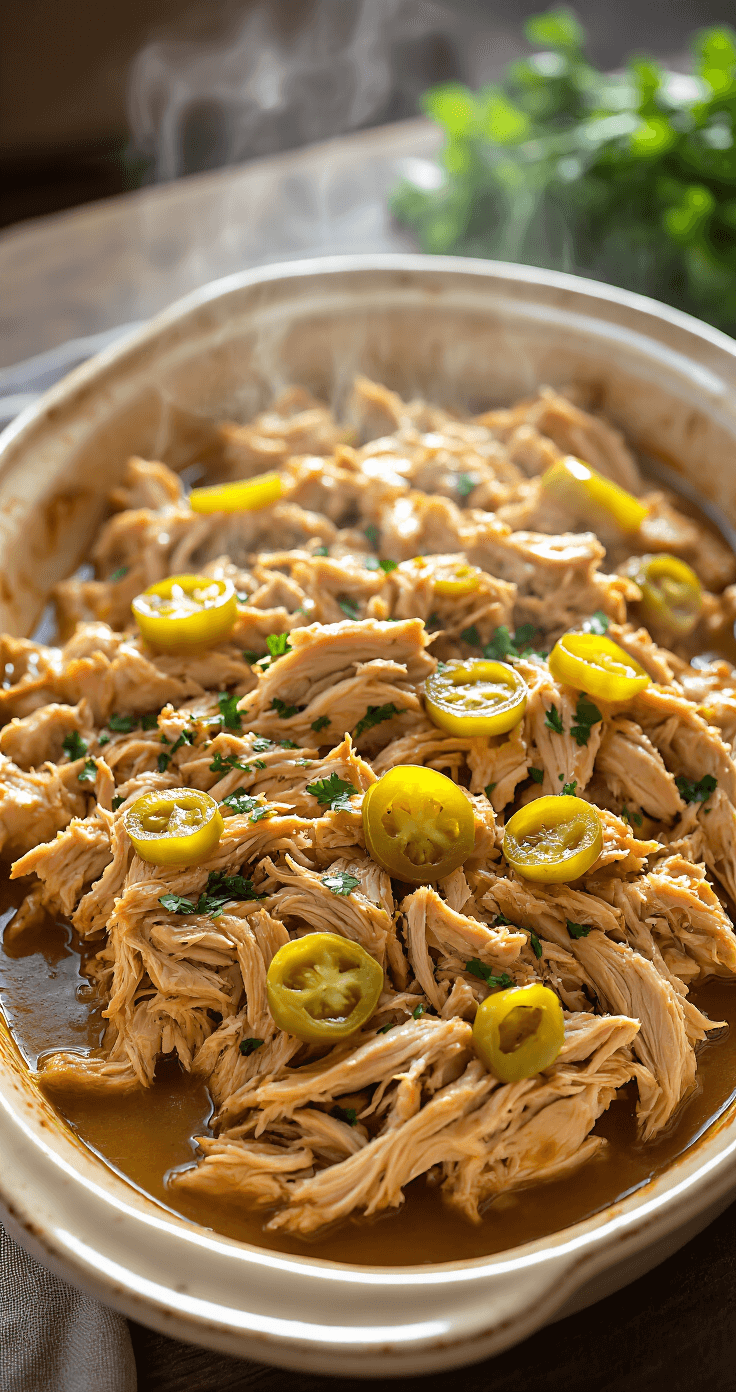 Close-up of shredded Mississippi Chicken in a rustic dish with steam, rich butter sauce, golden pepperoncini peppers, and fresh herbs, set against a softly blurred cozy kitchen background.
