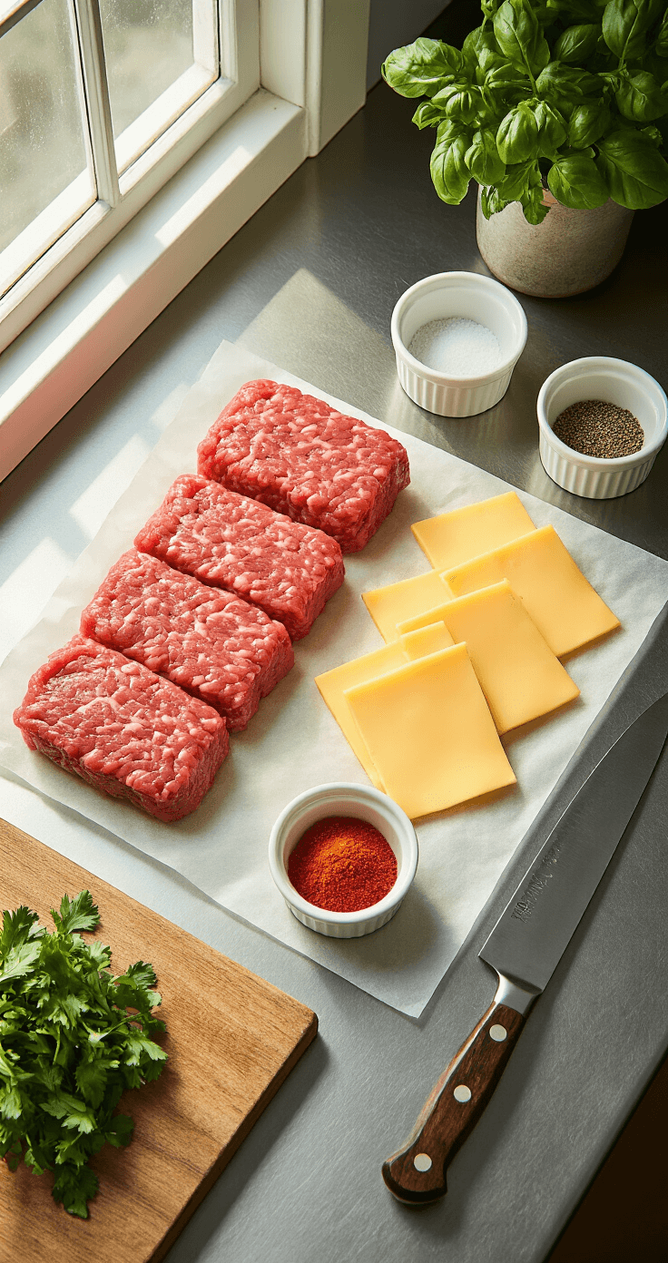 Close-up overhead shot of a stainless steel kitchen counter featuring artfully arranged ingredients for Juicy Lucy burgers, including raw ground beef portions, quartered American cheese slices, ramekins of spices, and fresh garnishes, illuminated by natural light. A weathered wooden cutting board and a chef's knife complete the rustic scene.