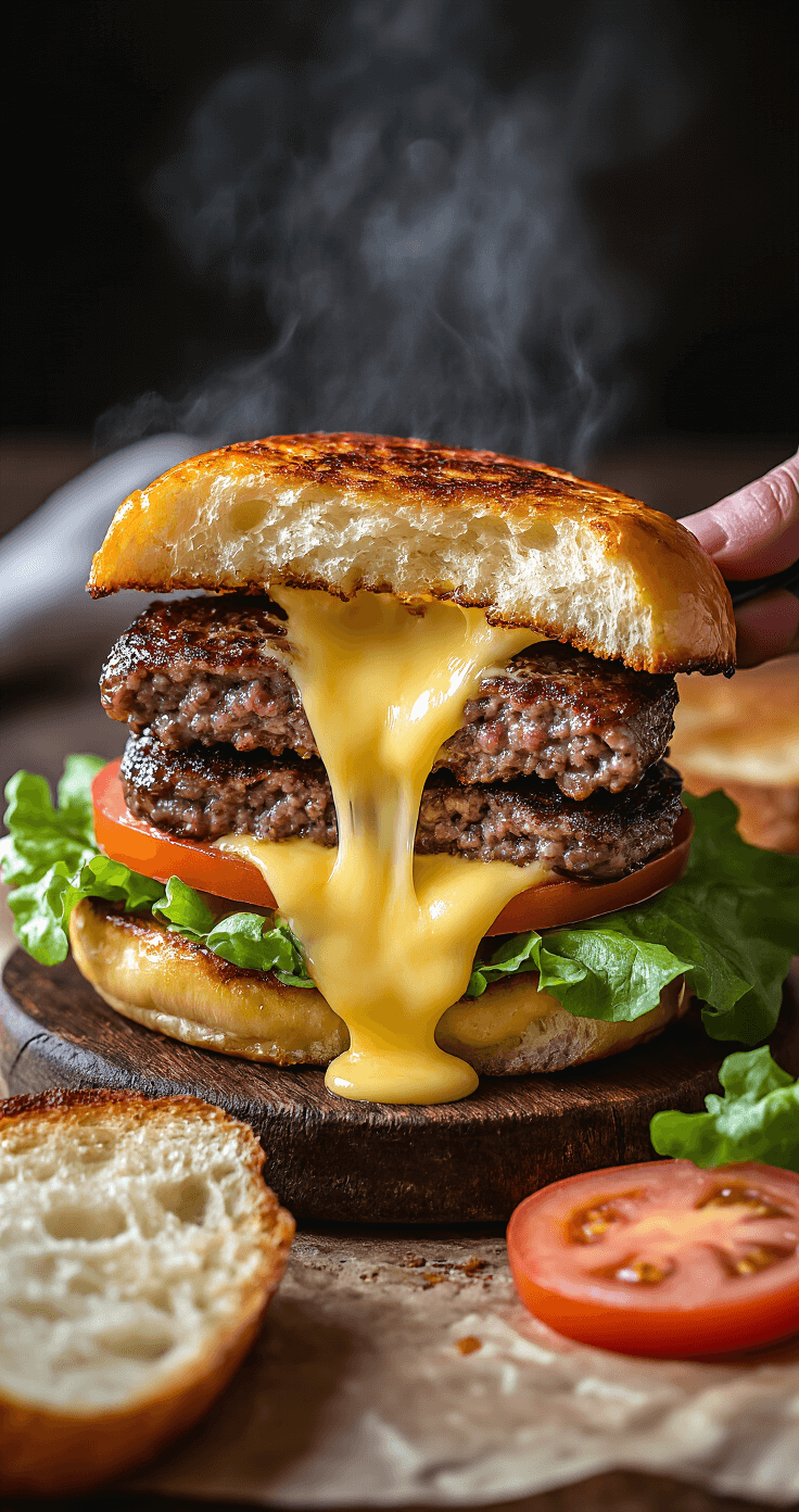 A perfectly seared Juicy Lucy burger being pulled apart, revealing molten cheese flowing from its center, set on a rustic wooden board with a deep mahogany crust, surrounded by a toasted brioche bun, fresh lettuce, and ripe tomato slices, all enhanced by dramatic side lighting and rising steam.