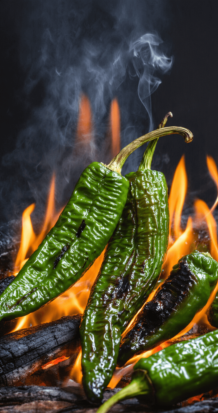 Close-up of vibrant green Hatch chiles charring under a broiler, with blistering blackened skins and golden flames, illuminated dramatically against a dark background with curling wisps of smoke.