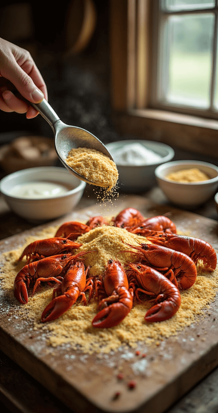 Close-up of fresh crawfish tails being dredged in golden cornmeal, surrounded by scattered Cajun spices on a rustic wooden cutting board, with soft natural light and various prep bowls in the background.