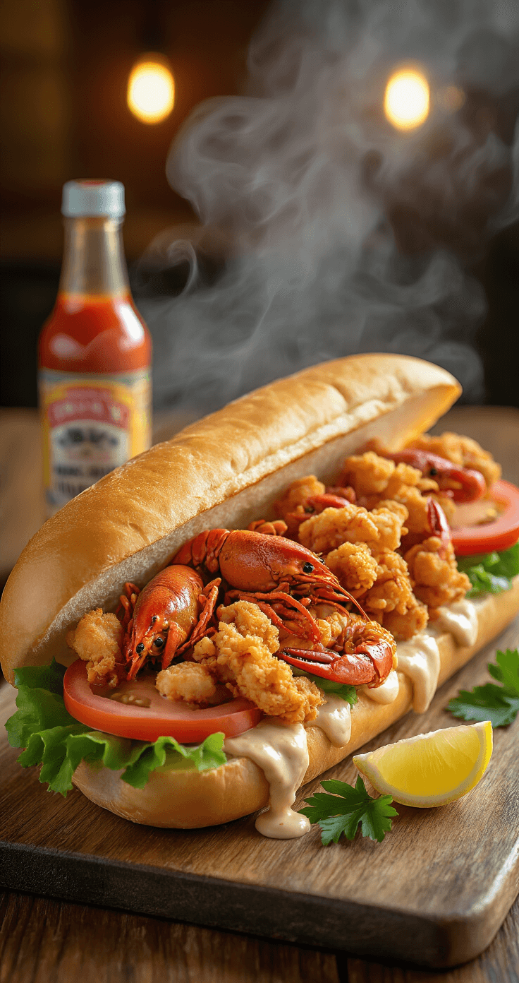 Dramatic Po' Boy sandwich on a weathered wooden board, featuring golden-brown fried crawfish, crisp lettuce, and vibrant tomato slices. Creamy remoulade drips down the sides, garnished with parsley and lemon, with a bottle of Louisiana hot sauce blurred in the background.