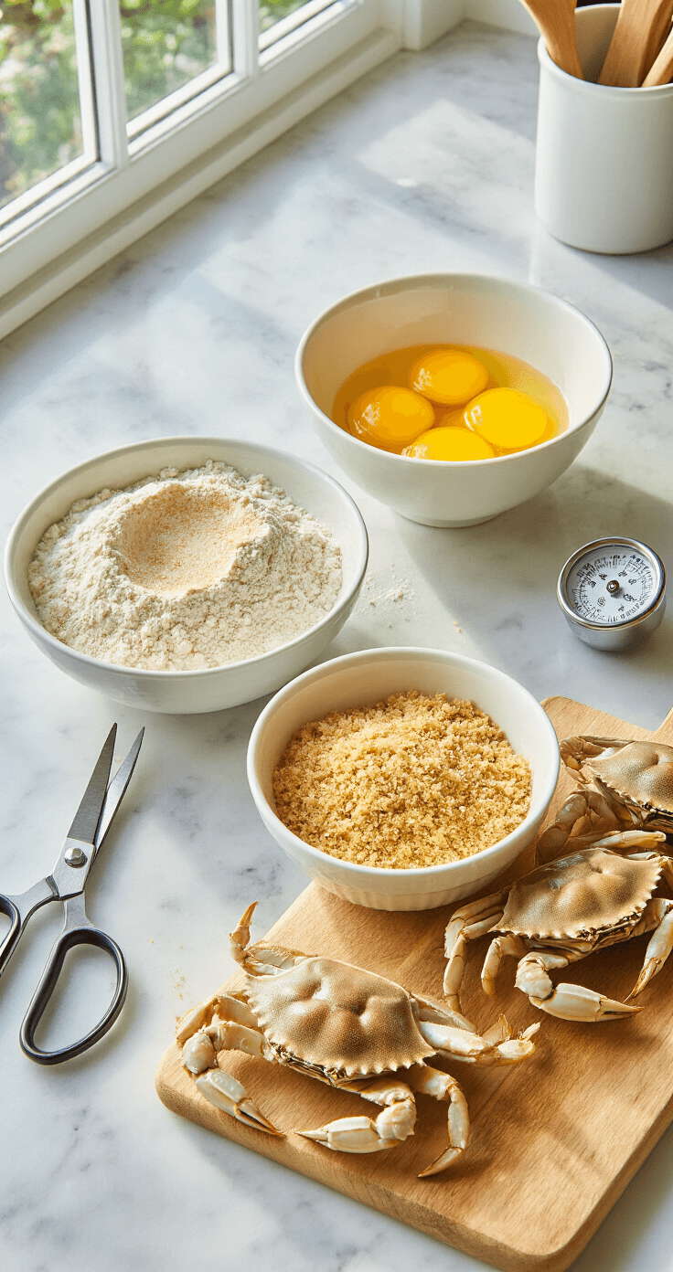 A professional kitchen with natural light showing three white bowls of flour with Old Bay seasoning, beaten golden eggs, and golden-brown breadcrumbs on a marble countertop, alongside fresh soft shell crabs on a cutting board with kitchen shears and a thermometer.