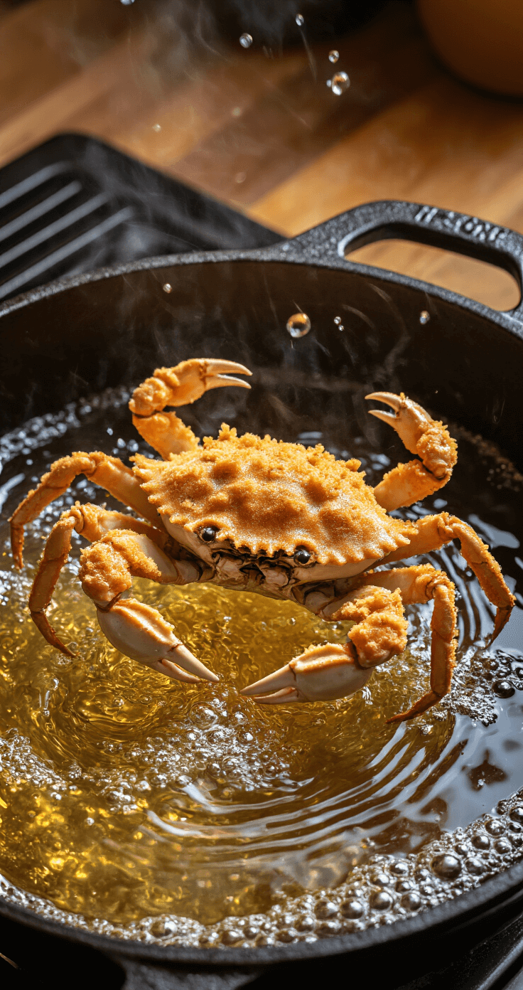 A close-up of a soft shell crab being lowered into hot oil in a cast-iron Dutch oven, surrounded by golden bubbles and steam, with warm lighting accentuating the breading textures.