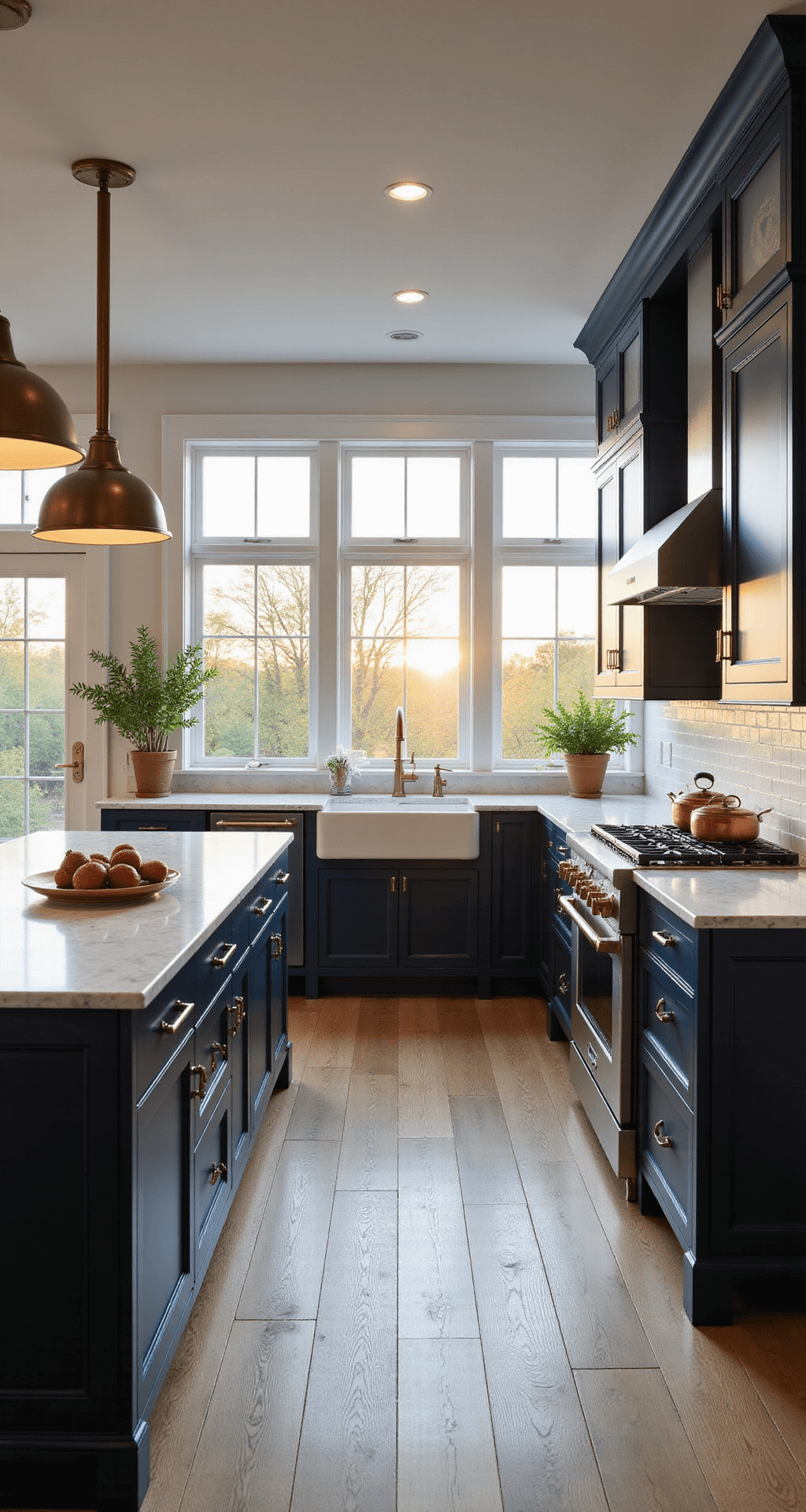 A sophisticated navy kitchen at golden hour, featuring shaker-style cabinets, Calacatta marble countertops, brass pendant lights, and wide-plank white oak flooring, styled with copper cookware and fresh herbs.