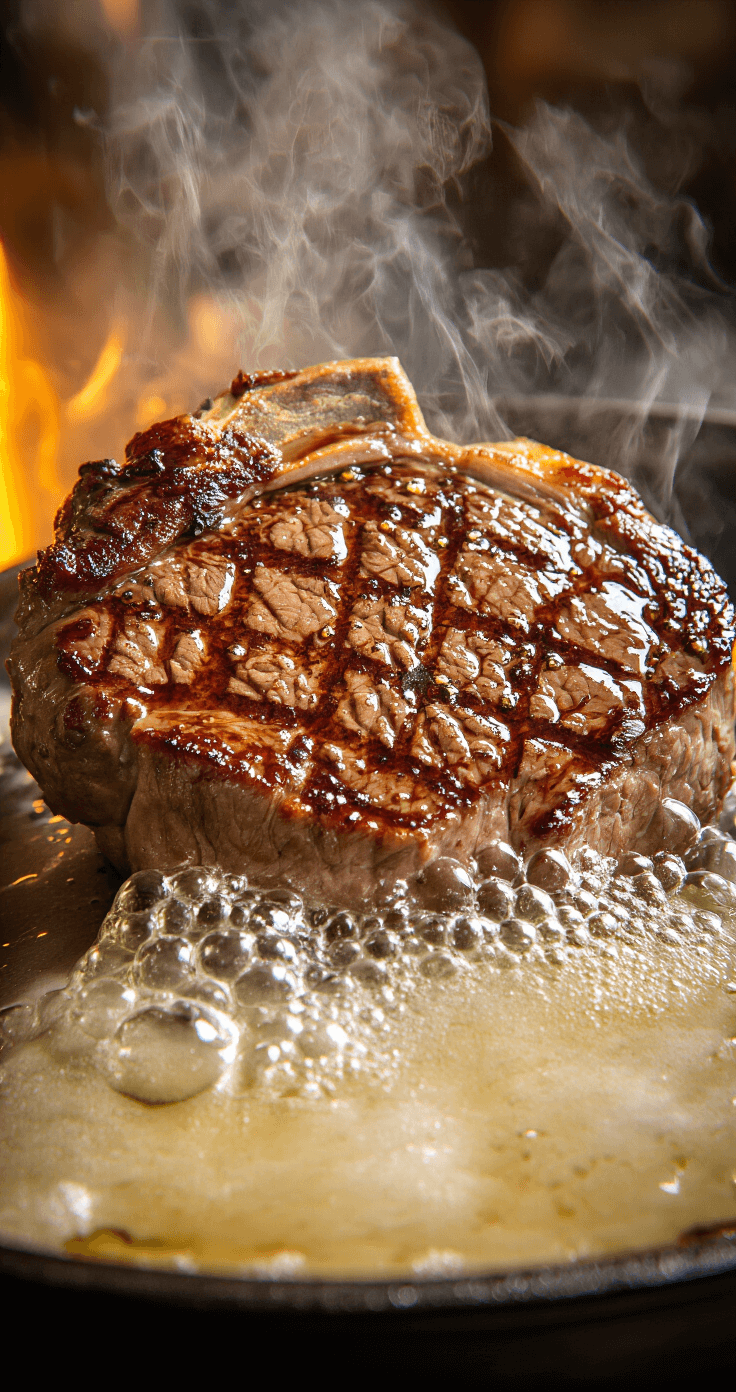 Close-up of a thick beef medallion searing in a cast iron skillet, with steam rising and oil shimmering as a golden-brown crust forms, in a warm ambient-lit professional kitchen.